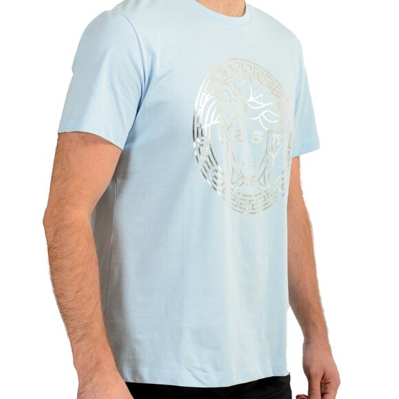 Versace Men's Blue & Silver Medusa Logo Print Short Sleeve T-Shirt US 2XS IT 44 - Picture 2 of 6